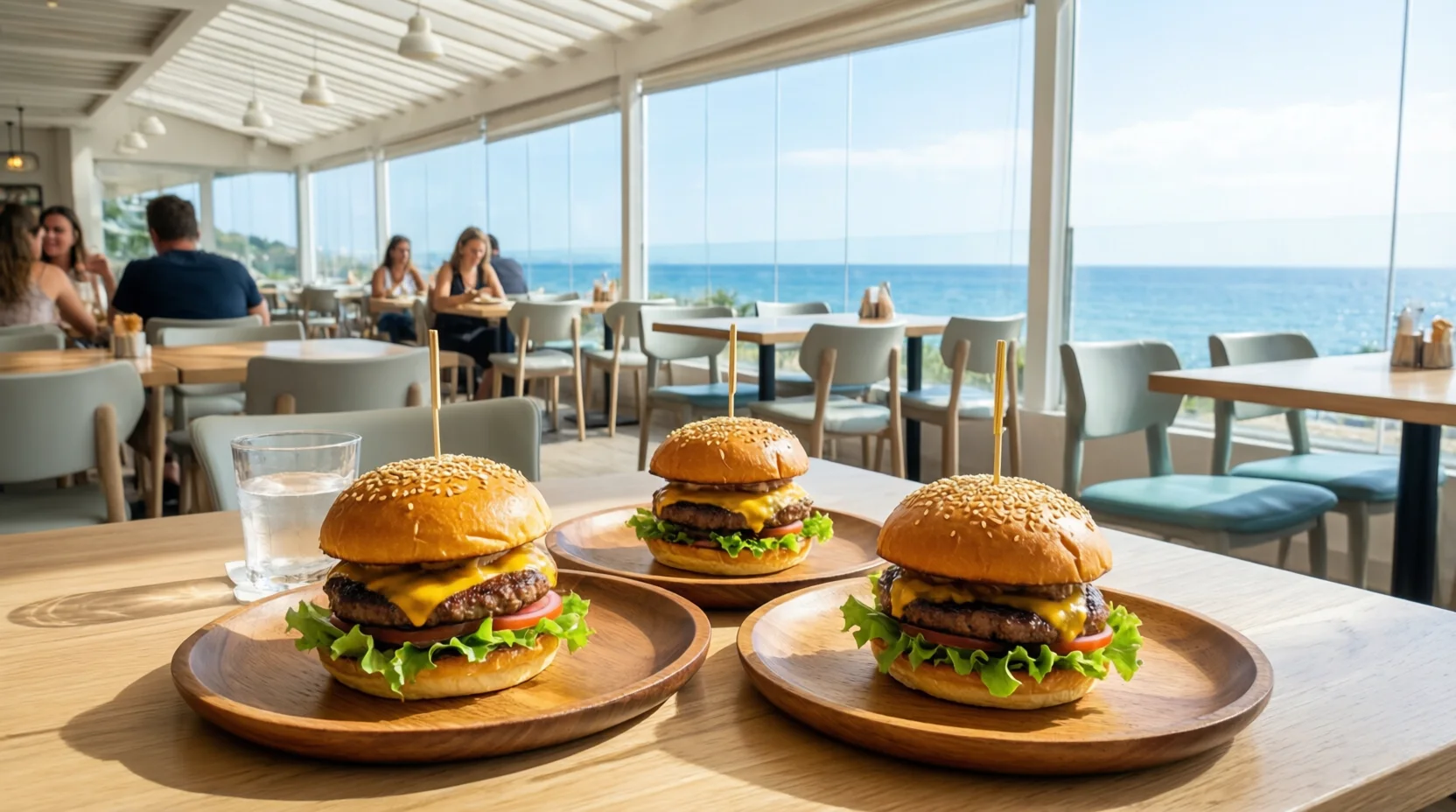 Moderní restaurace s výhledem na moře, kde se servírují hamburgery.